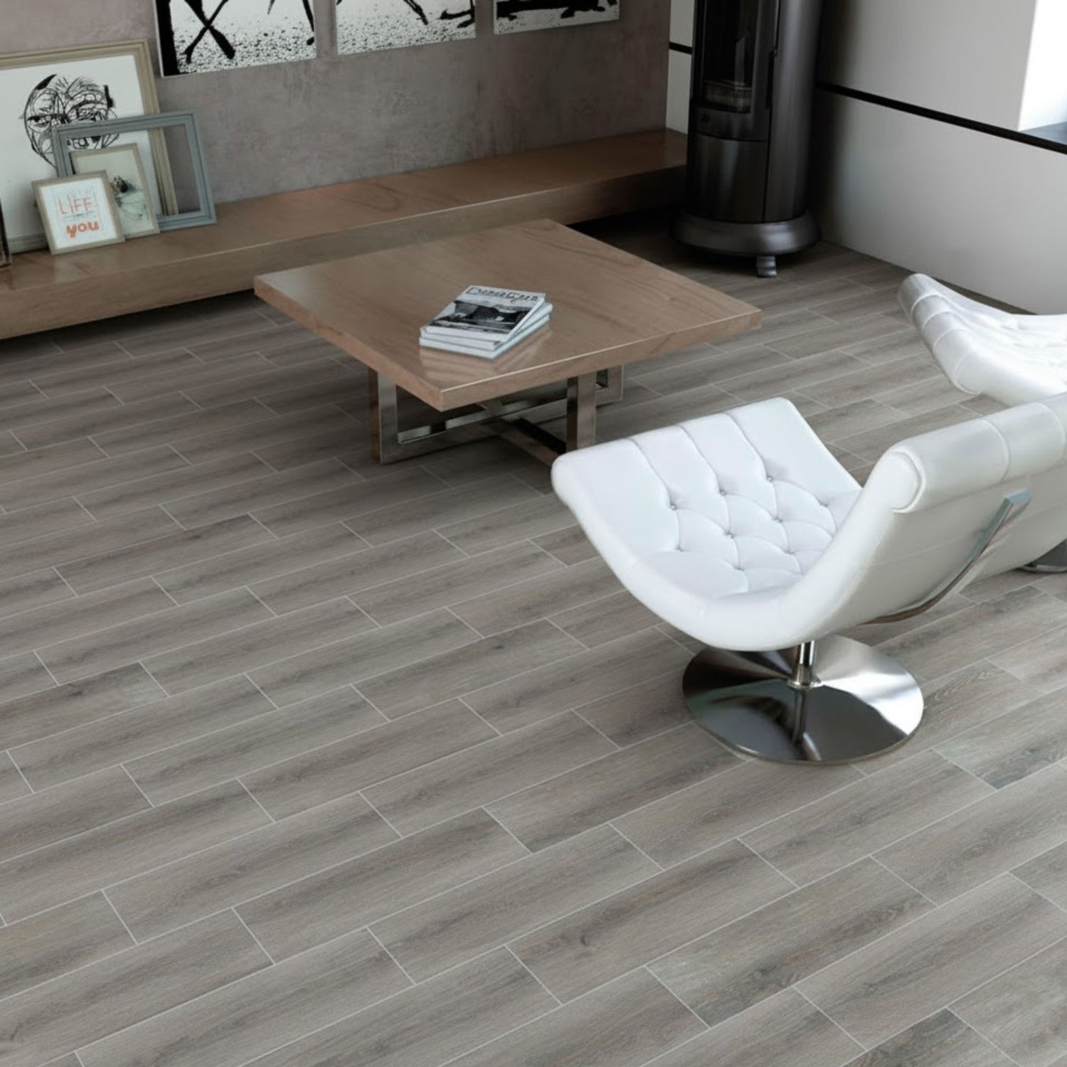 Pavimento Alpi Gris 20x60 da Pamesa em ambiente de sala