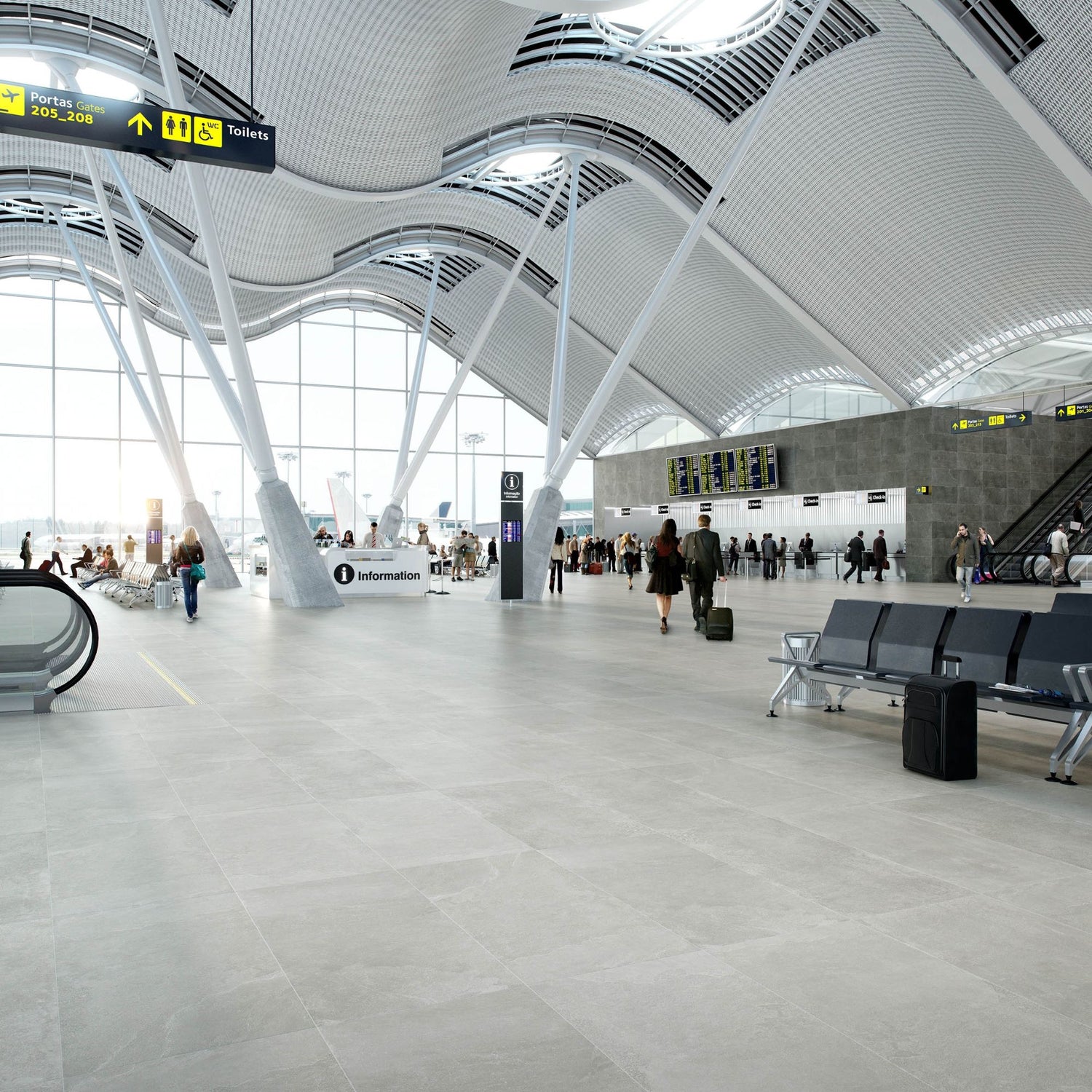 Terminal de aeroporto amplo e moderno com o pavimento cerâmico Unika Silver cinza claro aplicado numa grande área pública.
