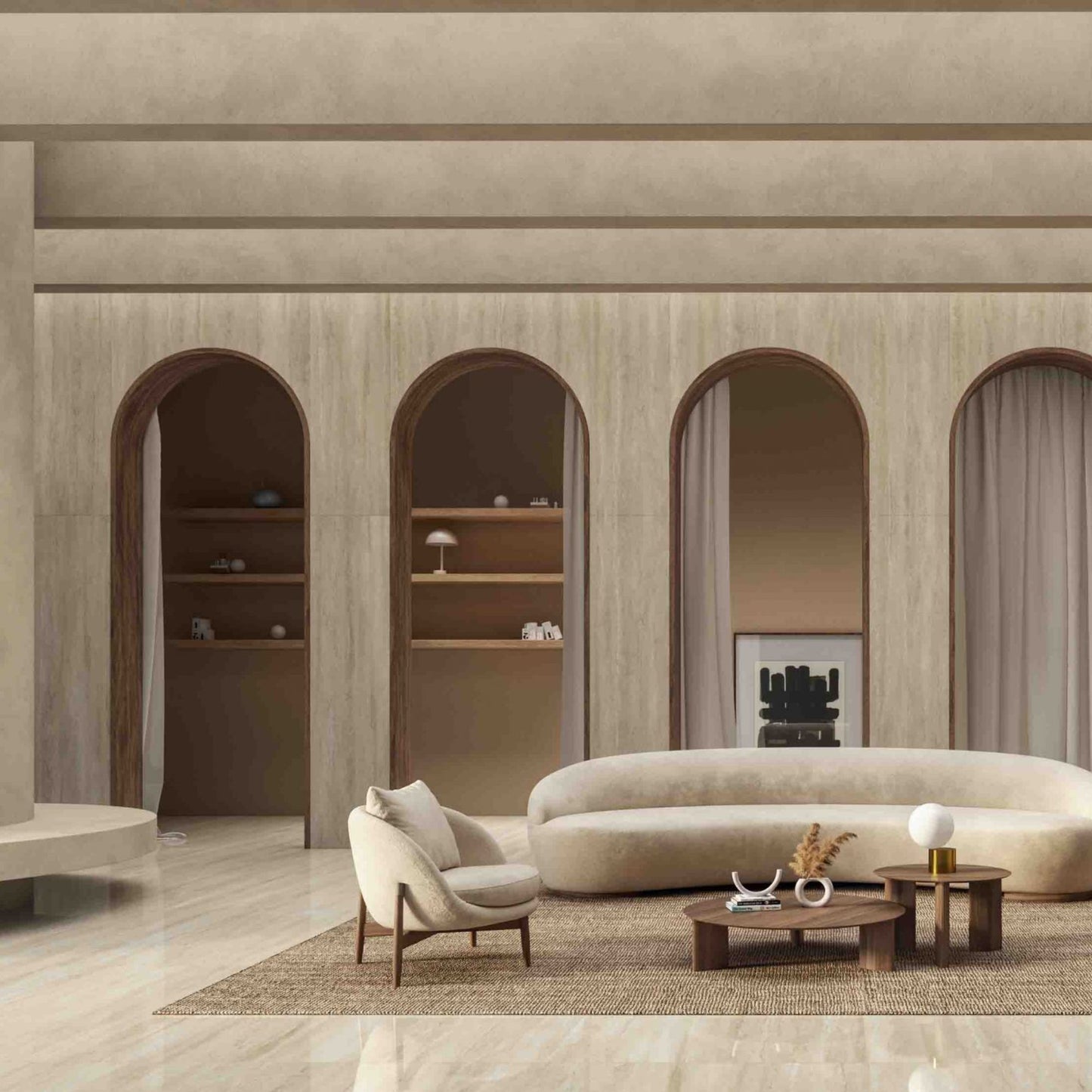 Pavimento Cerâmico 60x120cm Navona Bege Retificado 1a Roca Tiles num ambiente sala com sofás e mesas