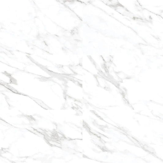 Detalhe do pavimento cerâmico Calacatta Titanio, mostrando os seus veios cinzentos intensos sobre um fundo branco.