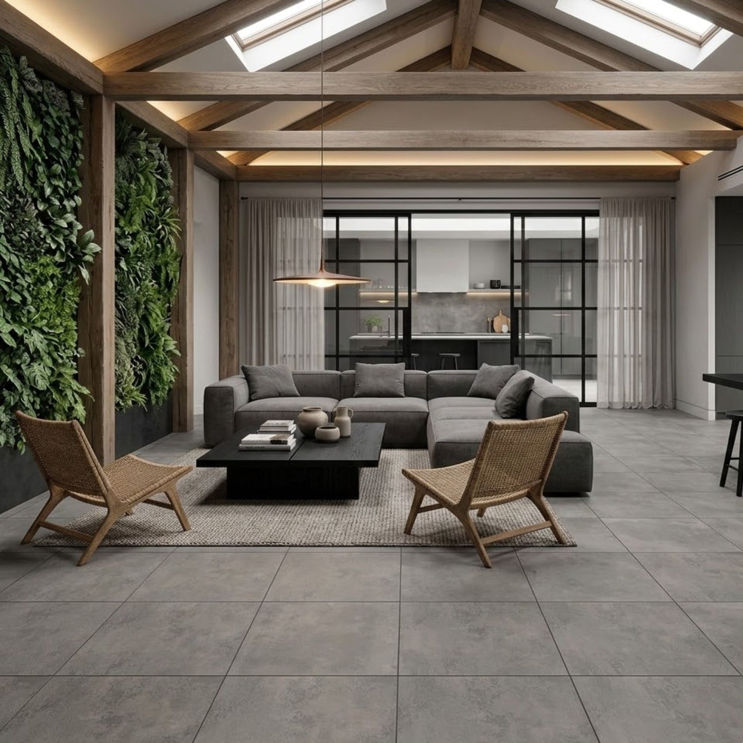 Sala de estar moderna em plano aberto com pavimento cerâmico Cementino Grey 60x60cm de acabamento mate.