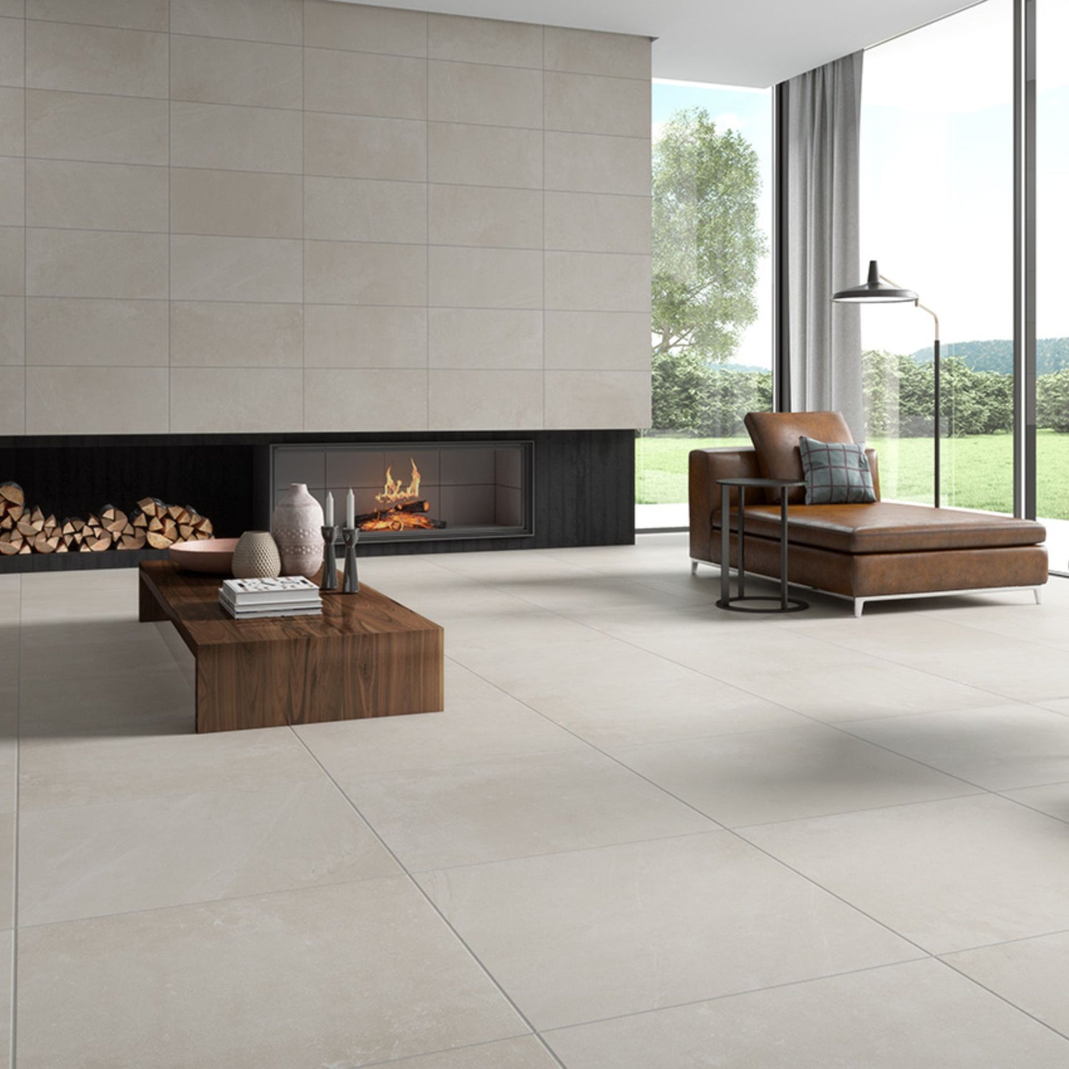 Sala moderna com recuperador de calor e chão aplicado em pavimento cerâmico Cinca Industrial Stone Grège