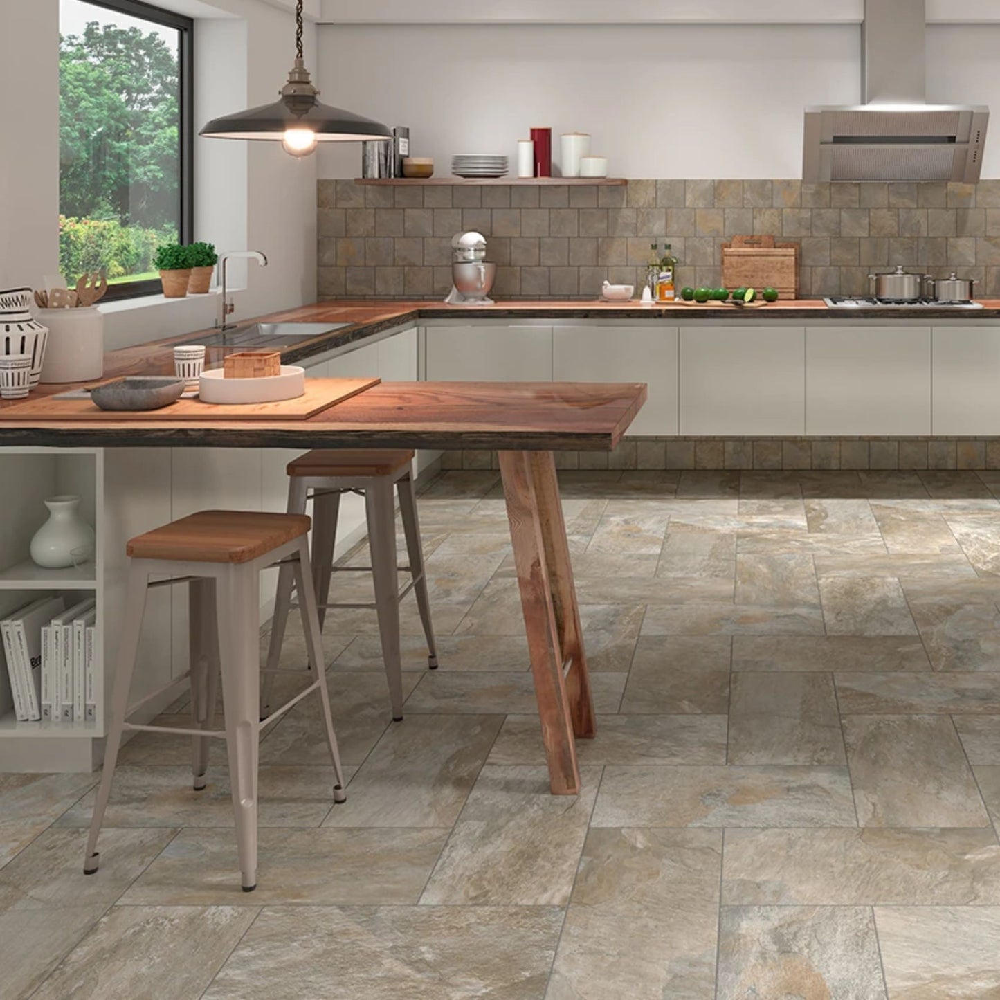 Cozinha moderna com pavimento cerâmico Cinca Splash Slate Grège 30x60cm e revestimento de parede a combinar.   