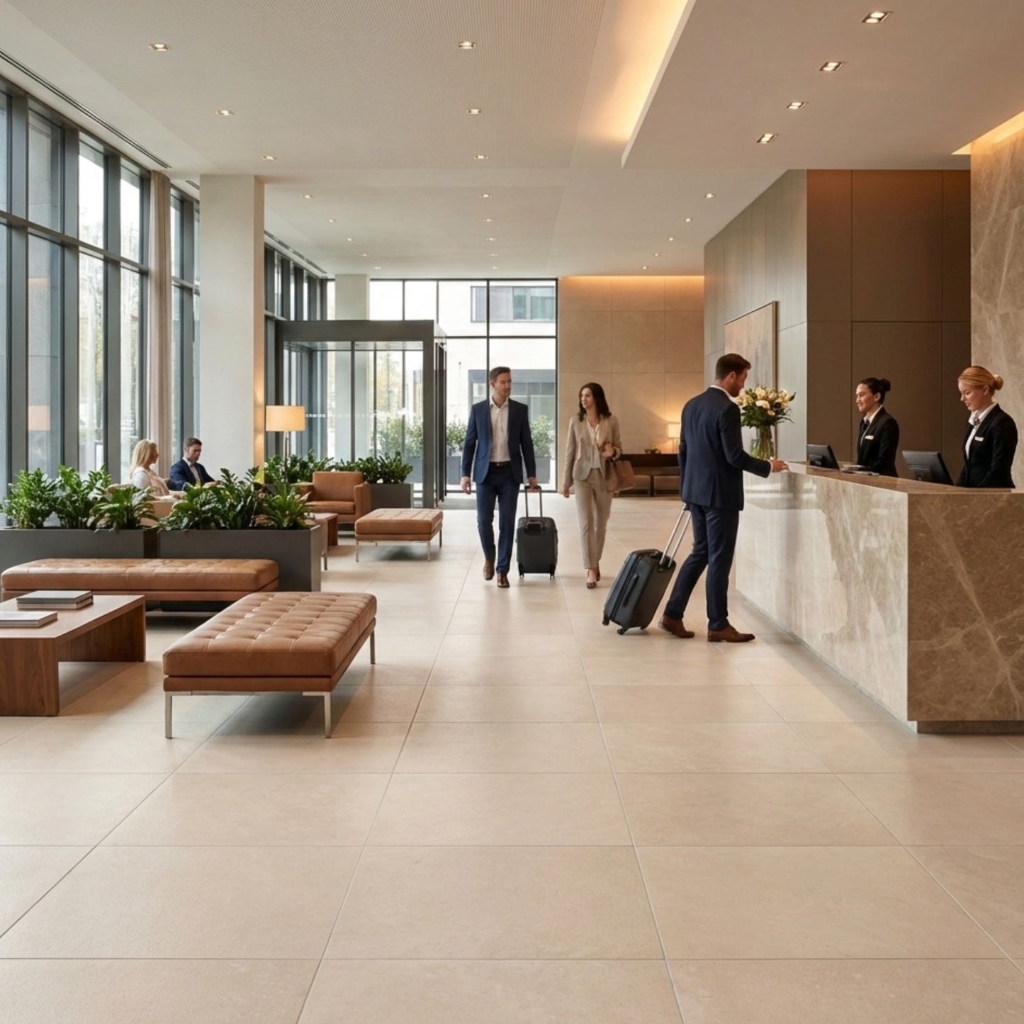 Hall de hotel moderno com aplicação de pavimento cerâmico Cosy Beige antiderrapante em formato 60x60 cm.
