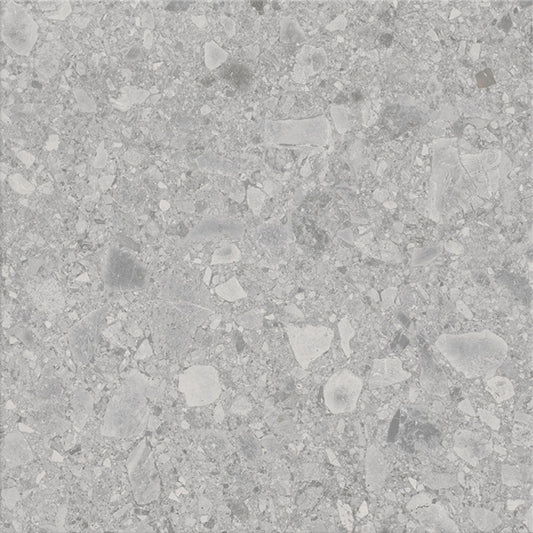 Detalhe da textura de pedra do pavimento cerâmico Evostone Gran Grey 60x60cm.