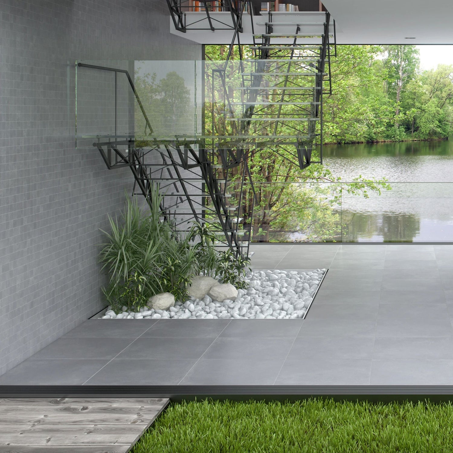 Ambiente de sala moderna com escada metálica e pavimento cerâmico Dominó Urban Light Grey aplicado no chão