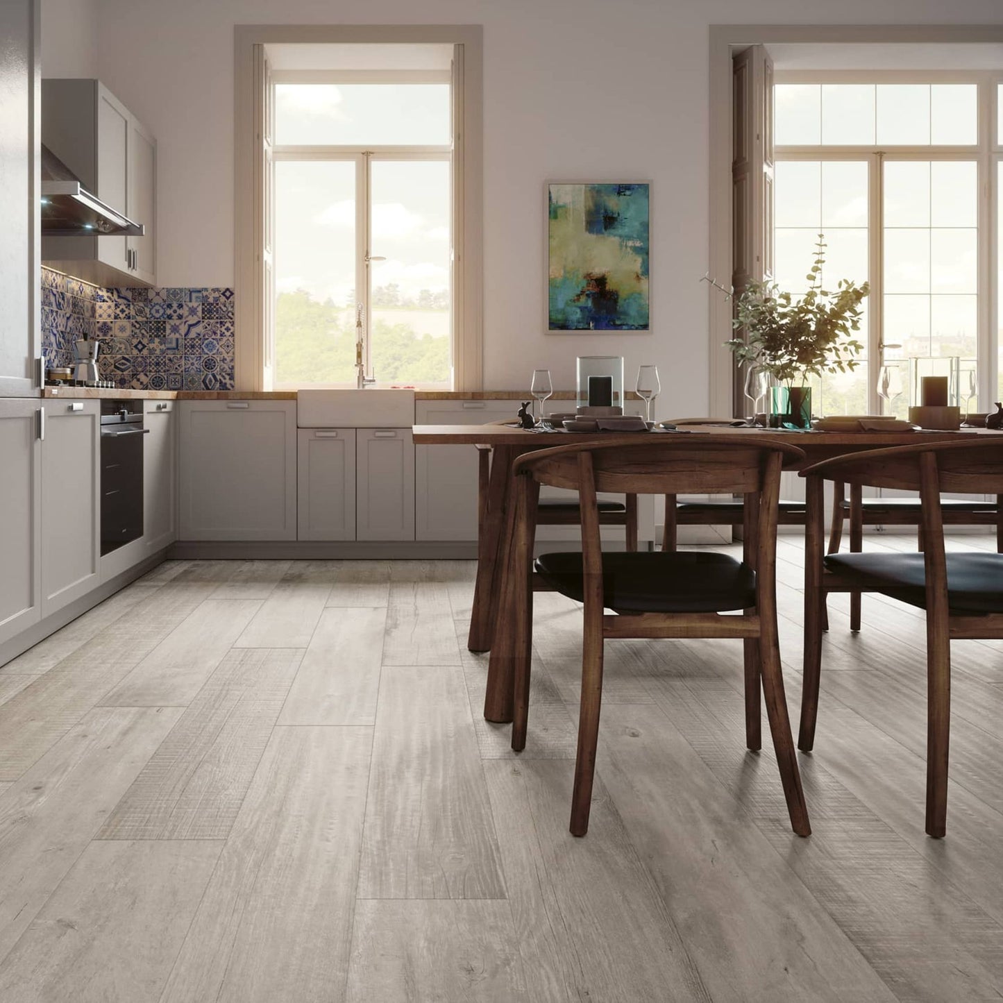 Cozinha e zona de refeição com pavimento cerâmico Gresart Vermont Ash 25x150cm no chão.