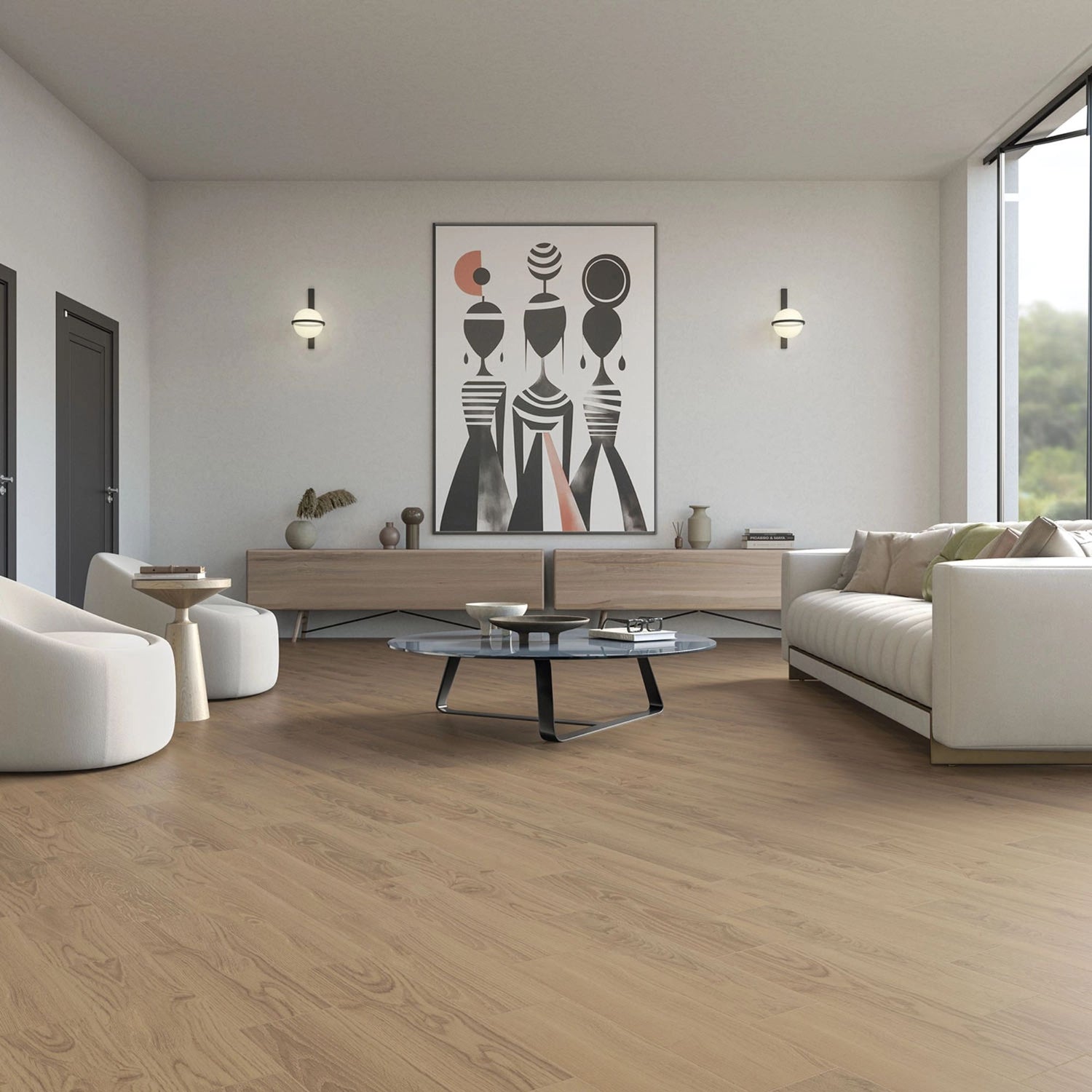 Pavimento cerâmico National Forest Roble 23,3x120cm aplicado numa sala de estar moderna   