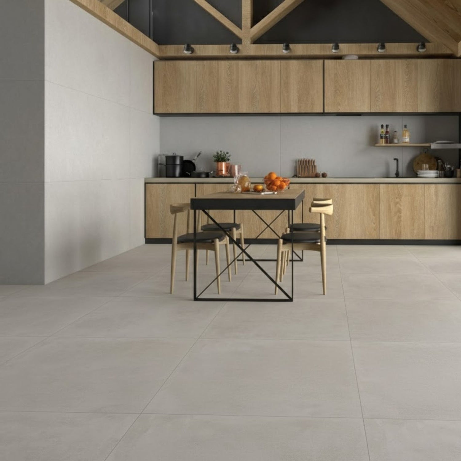 Cozinha moderna com pavimento cerâmico Pamesa Mosel Ash 60x60 retificado aplicado no chão.