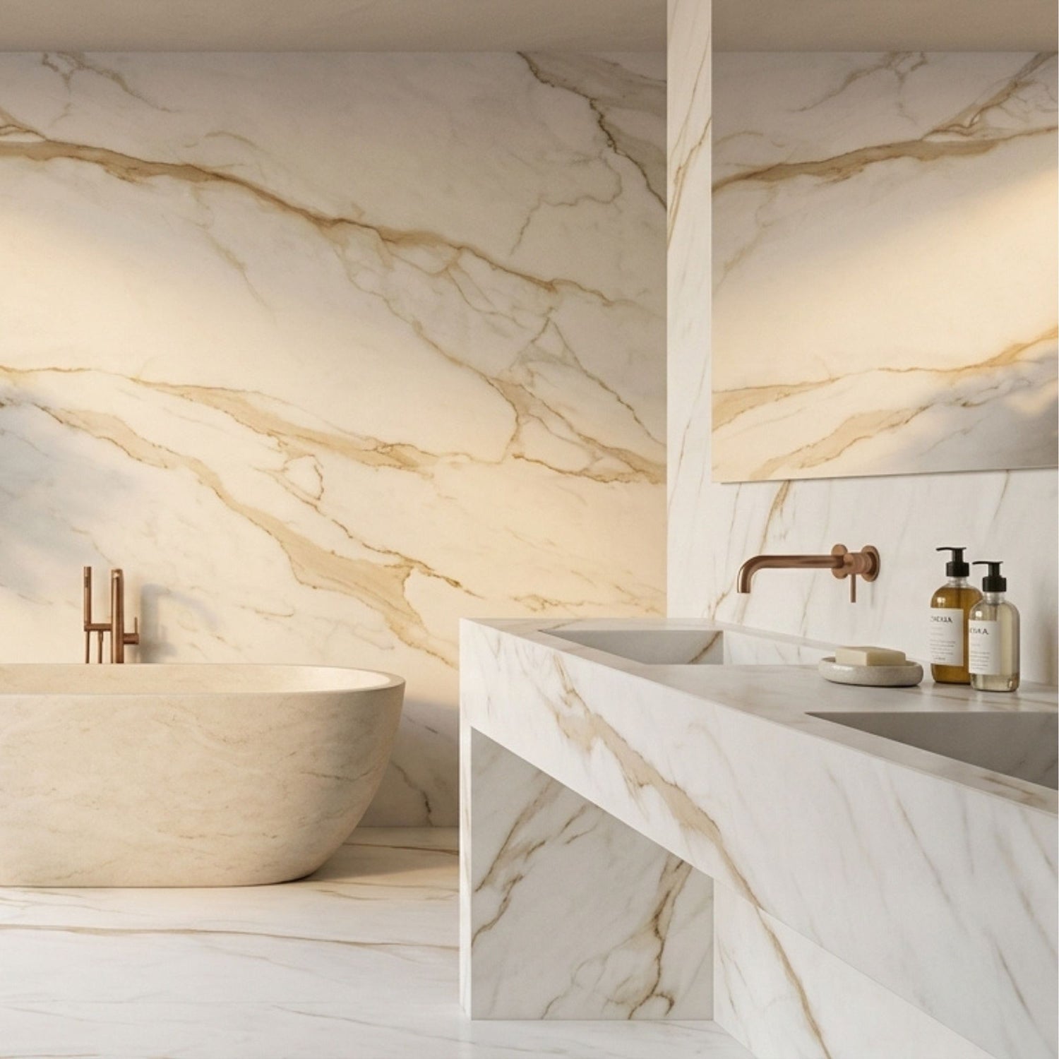 Casa de banho luxuosa revestida com pavimento e parede em cerâmico Portofino Gold Brilho 60x120cm da Pamesa   