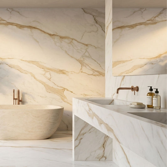 Casa de banho luxuosa revestida com pavimento e parede em cerâmico Portofino Gold Brilho 60x120cm da Pamesa   