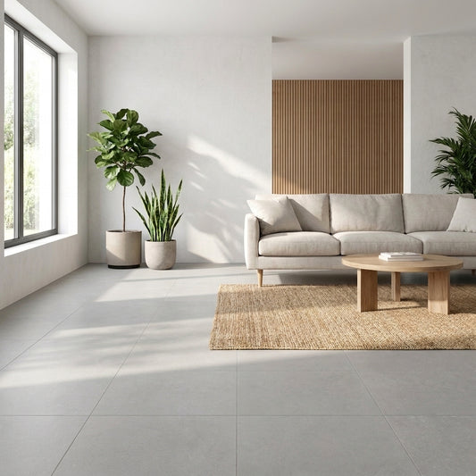 Pavimento cerâmico Recer Cosy Grey 60,8x60,8cm instalado no chão de uma sala de estar iluminada