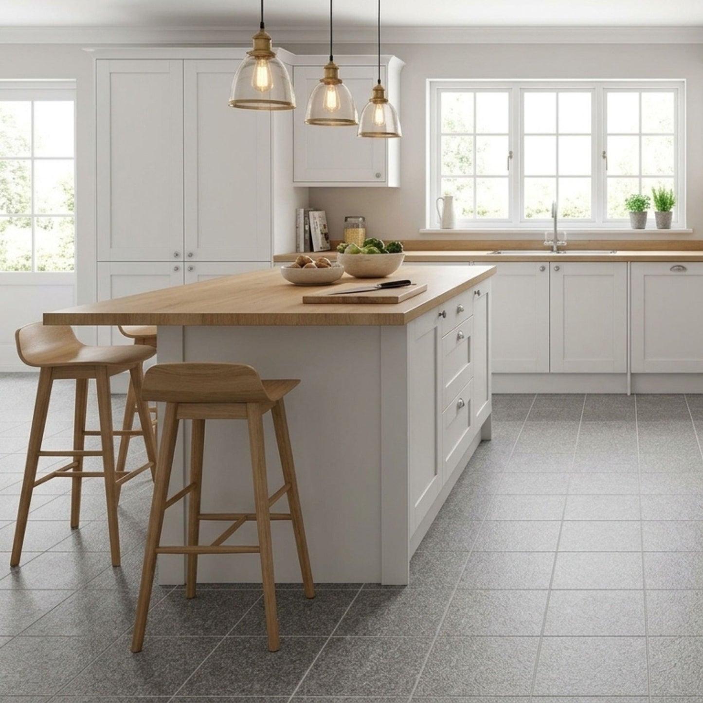 Cozinha moderna pavimentada com pavimento cerâmico Recer Urbis Dark Grey 33x33cm e ilha central em madeira.   