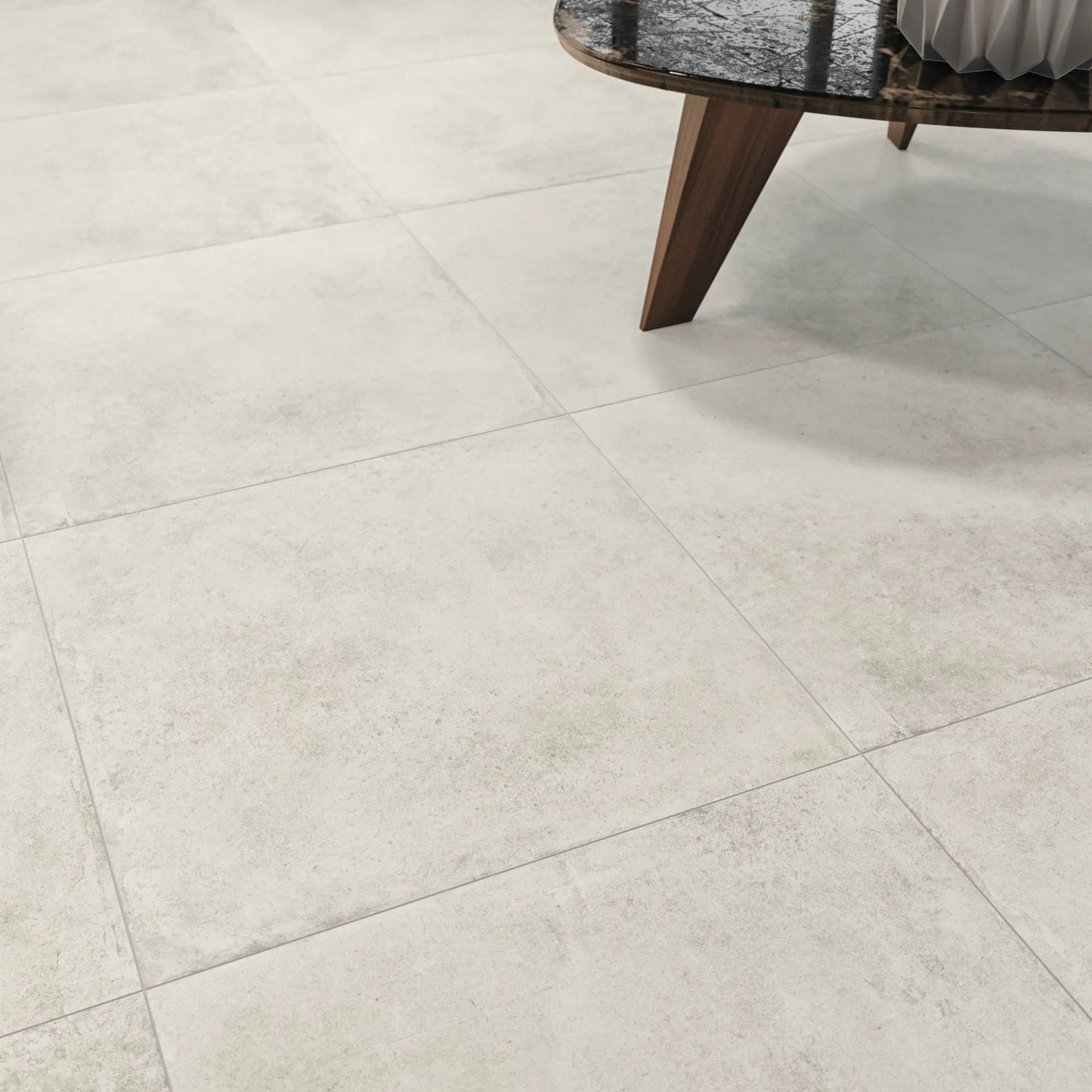 Ambiente moderno com chão aplicado de pavimento cerâmico Revigres Urban Offwhite 30x60cm rectificado