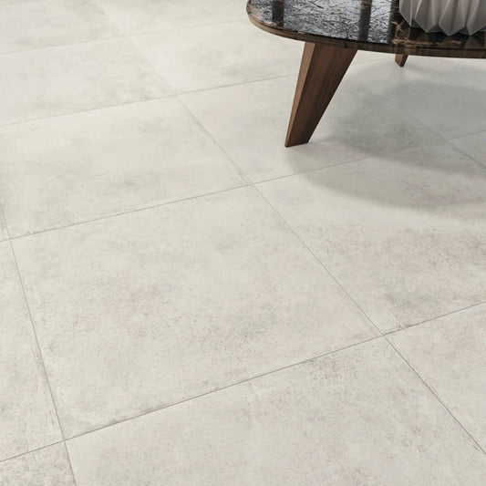 Ambiente moderno com chão aplicado de pavimento cerâmico Revigres Urban Offwhite 30x60cm rectificado