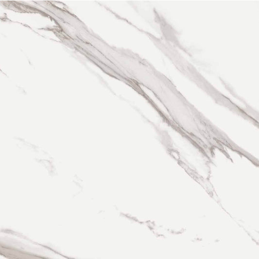 Detalhe dos veios cinza do pavimento cerâmico Roca Marble Calacatta Light polido.