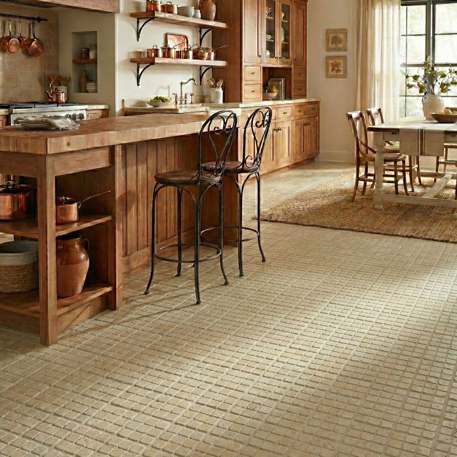 Cozinha rústica decorada com pavimento cerâmico Portuense White 33x33cm de tom bege claro.