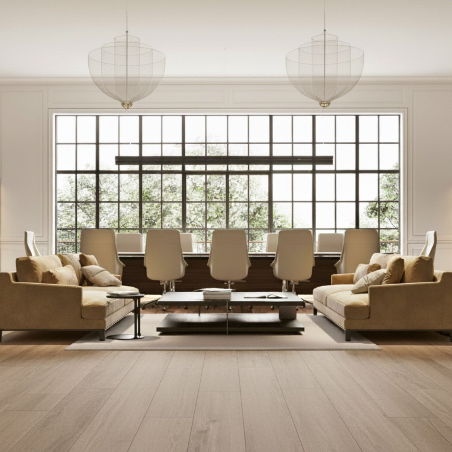 Sala de estar moderna com pavimento cerâmico Vermont Taupe 25x150cm em tons de madeira clara.