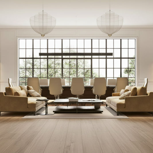 Sala de estar moderna com pavimento cerâmico Vermont Taupe 25x150cm em tons de madeira clara.