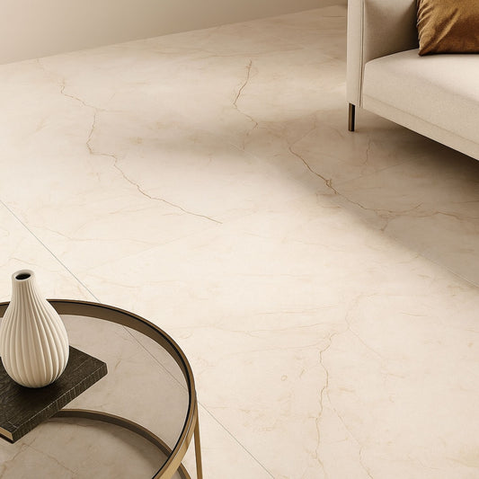 Pavimento cerâmico HERICAN Tusk com acabamento mate e efeito mármore bege num ambiente de sala com sofá.