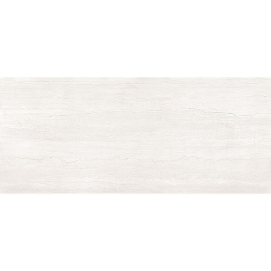 Detalhe da textura do pavimento Dorset Blanco com veios horizontais cinza sobre fundo branco.