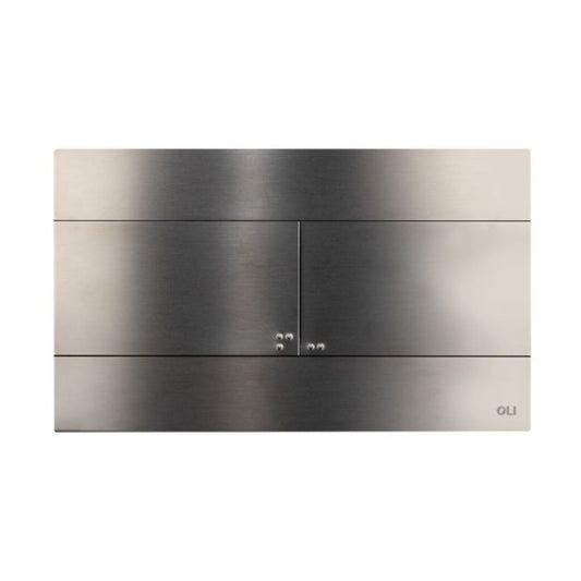 alt='Placa de comando OLI Slim de dupla descarga com acabamento em metal escovado Gun Metal, vista de frente.'