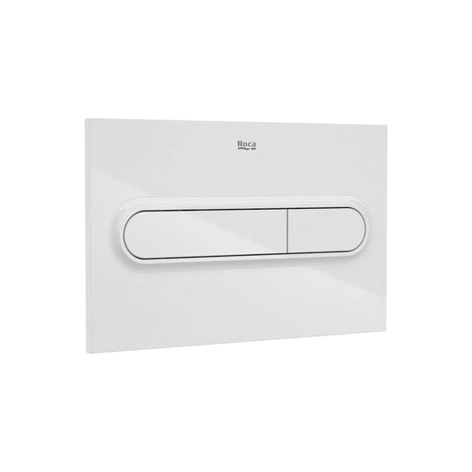 alt='Placa de comando Roca PL1 para dupla descarga, com acabamento em branco e design moderno.'