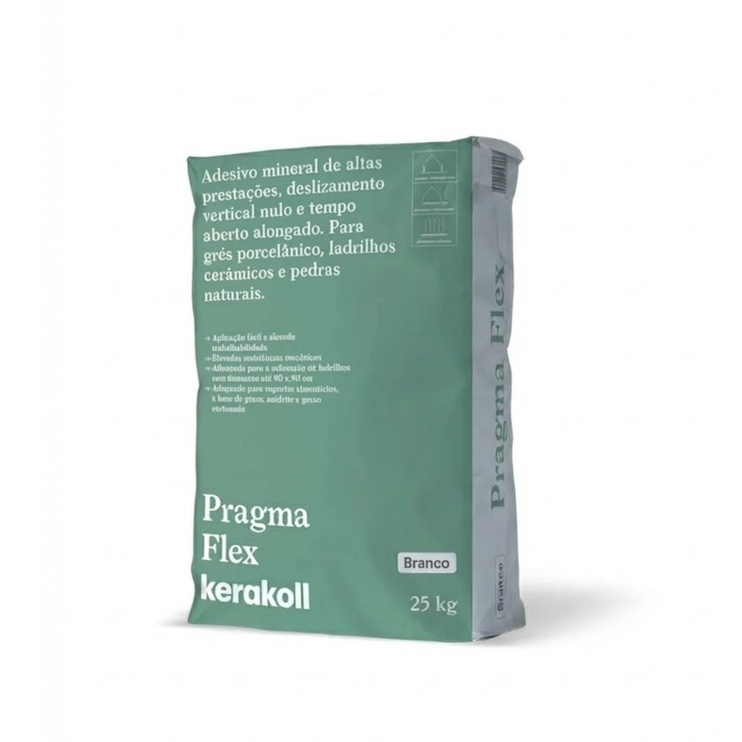 Saco de adesivo mineral Pragma Flex Kerakoll Branco de 25kg para colagem de cerâmica e pedra natural.