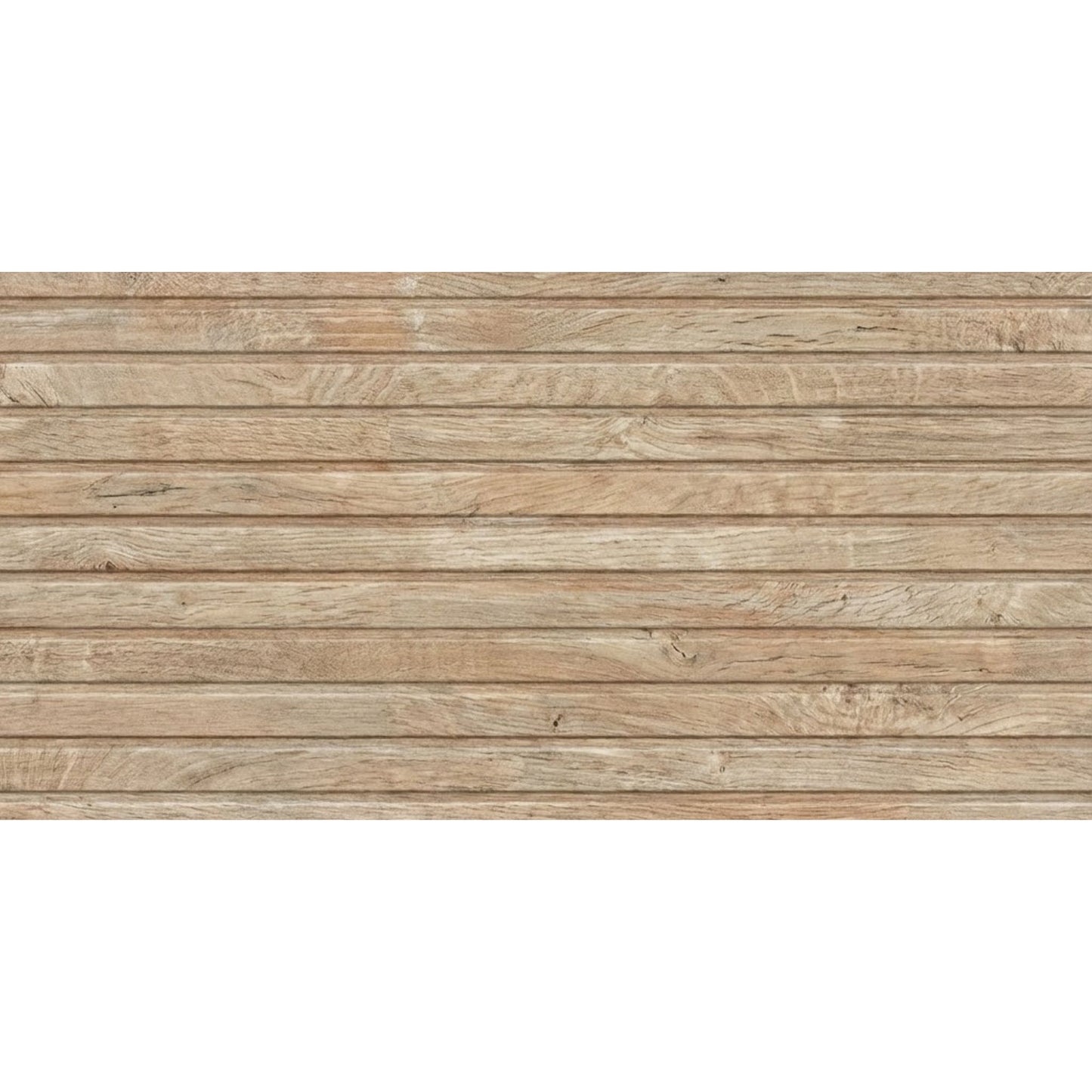 Revestimento cerâmico retangular Bosco Suite Roble com textura de madeira ripada horizontal.