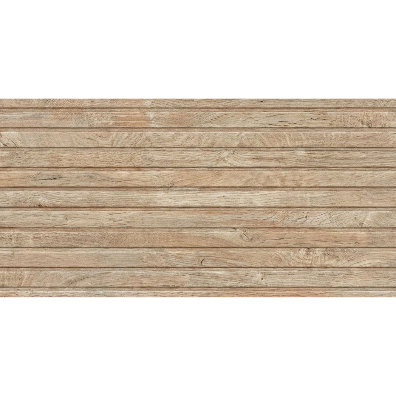 Revestimento cerâmico retangular Bosco Suite Roble com textura de madeira ripada horizontal.