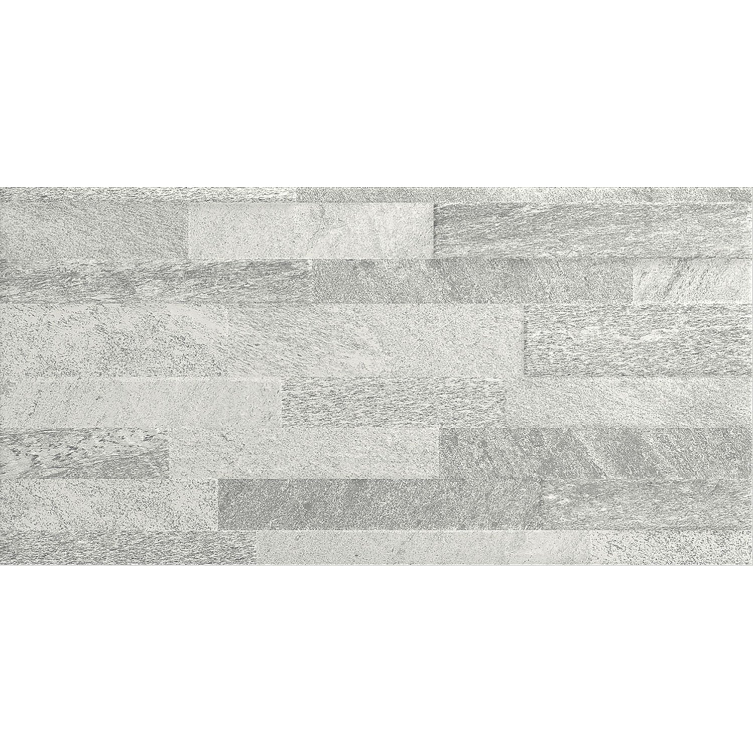 Detalhe da peça cerâmica Cinca Art Stone Cinza 30x60cm com padrão em réguas de pedra   