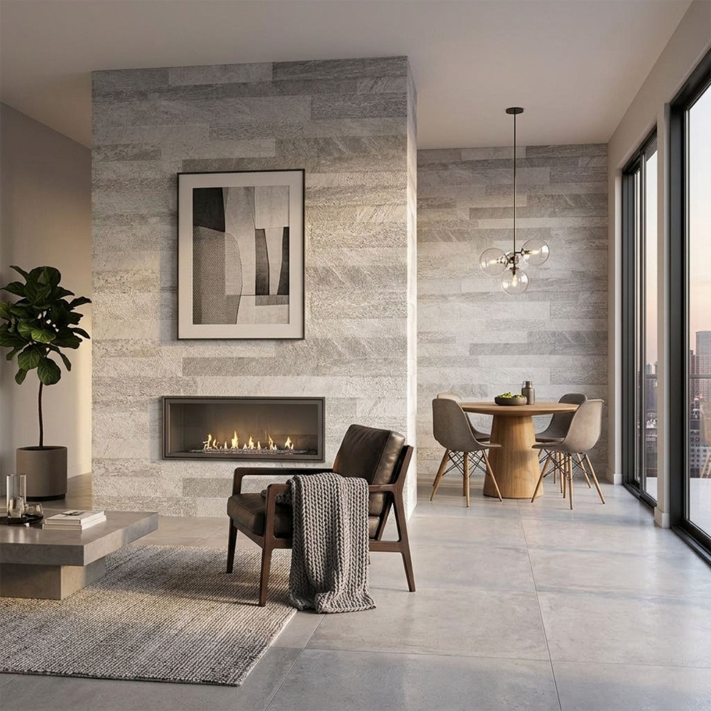 Sala de estar moderna com parede de lareira revestida com cerâmico Cinca Art Stone Cinza 30x60cm   