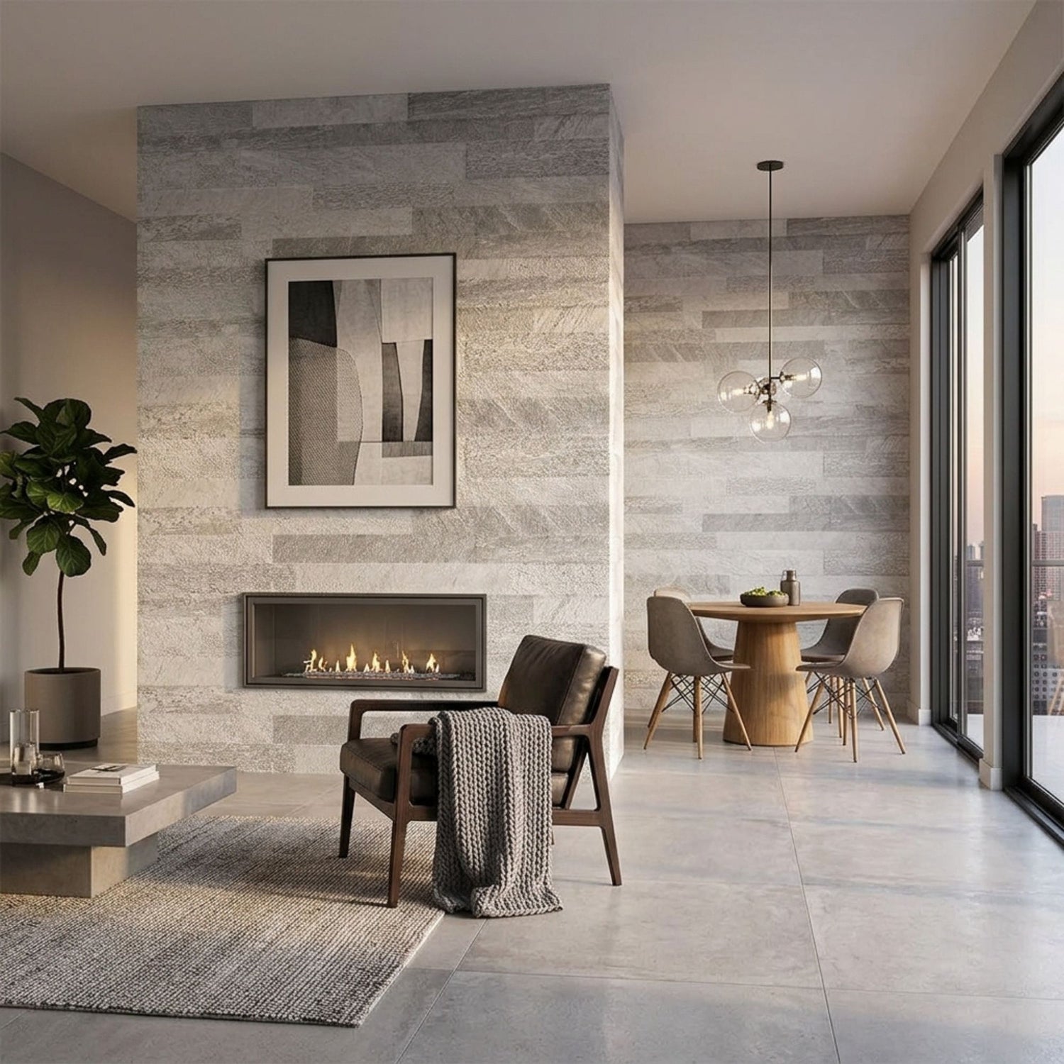 Sala de estar moderna com parede de lareira revestida com cerâmico Cinca Art Stone Cinza 30x60cm   