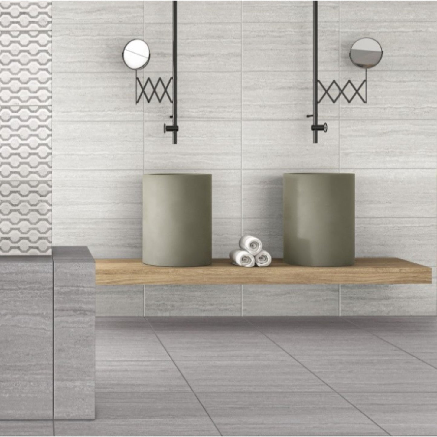 Revestimento cerâmico Travertin Grey 30x60 cm, com o padrão que imita a textura e os veios do mármore travertino num ambiente de casa de banho.