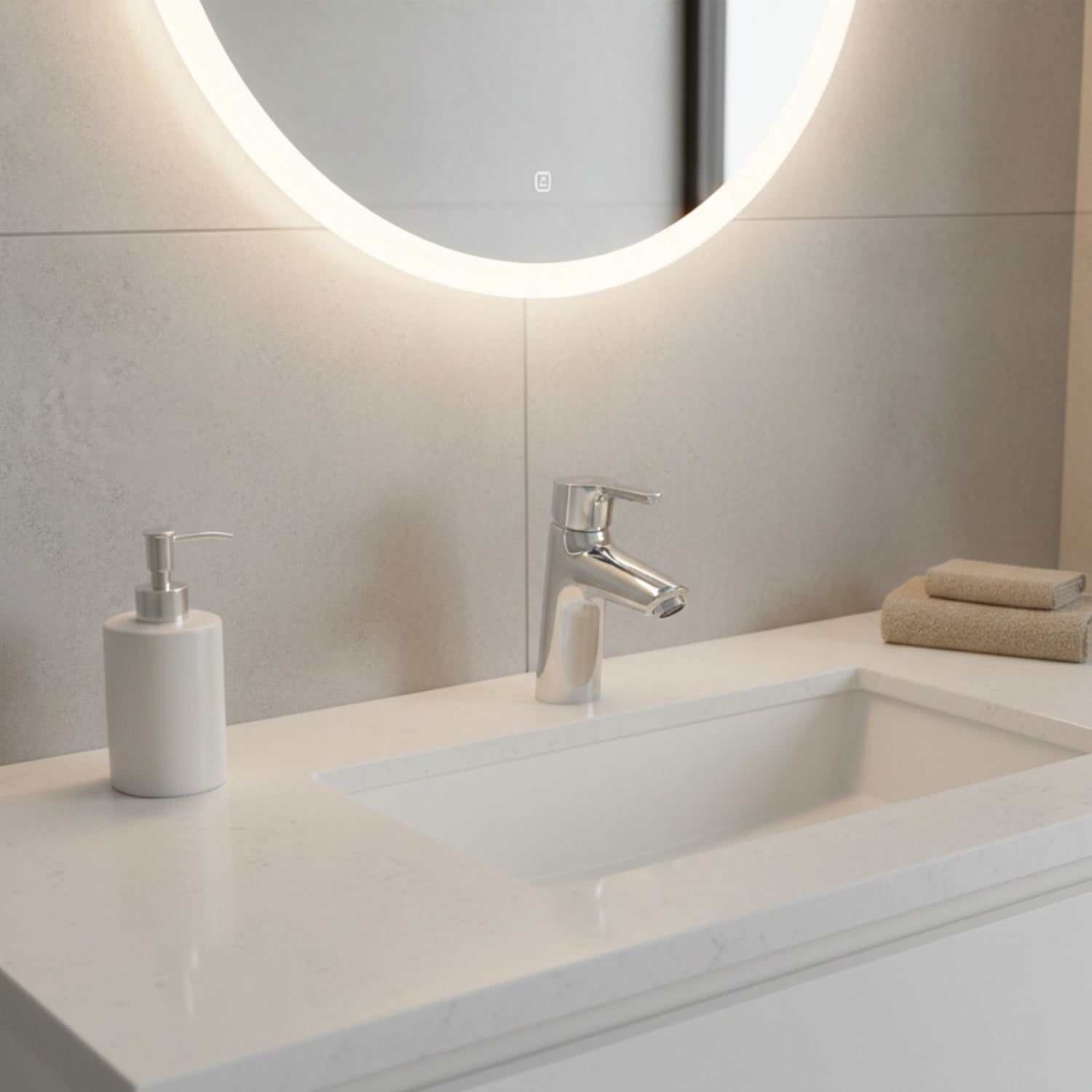 Torneira Roca Malva cromada em lavatório encastrado com iluminação circular moderna.