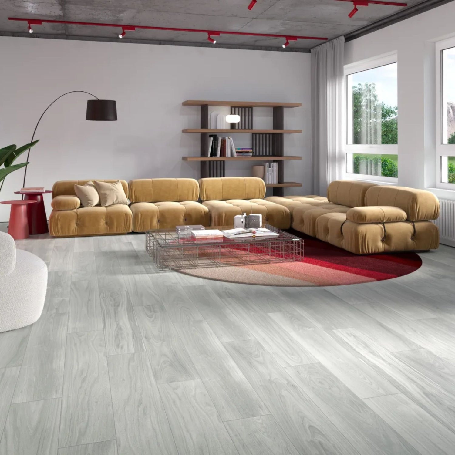 Sala de estar ampla com piso cerâmico Cinca Timber Pimenta Preta antiderrapante.   