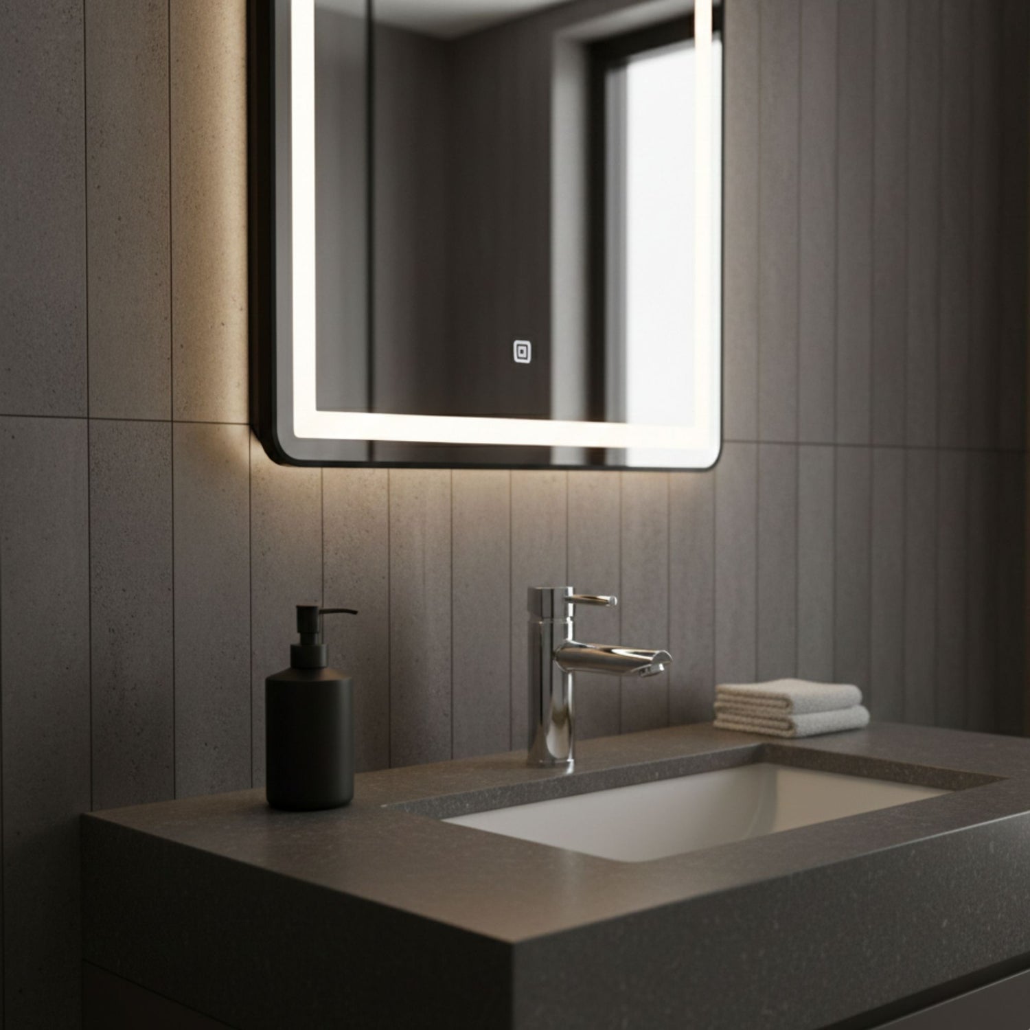 Vista de perfil da torneira Sanindusa New Icone cromada em bancada cinza escura com espelho LED.