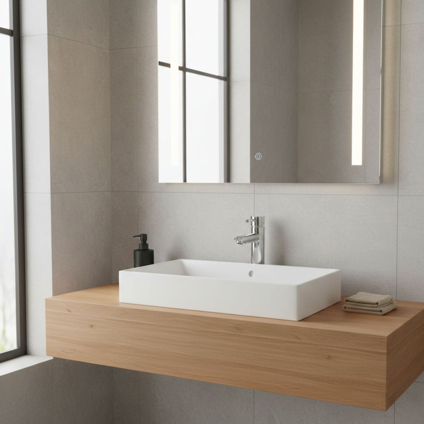 Misturadora Sanindusa New Icone instalada com lavatório retangular sobre móvel de madeira.