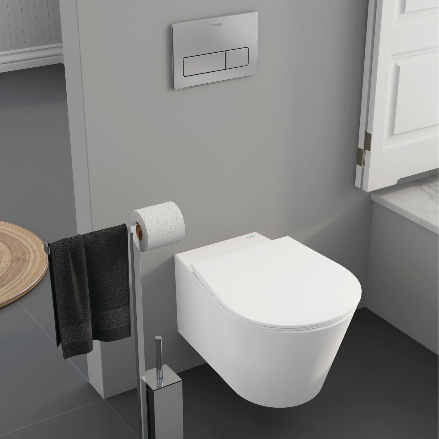 Sanita suspensa Sanitana Glam branca com tampo de queda amortecida instalado num ambiente de casa de banho moderno.
