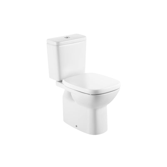 Conjunto completo de sanita Roca Debba branca com tanque de entrada inferior e tampa.