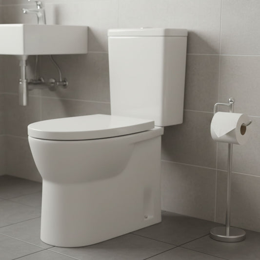 Sanita e lavatório da coleção Sanindusa Easy instalados lado a lado em ambiente de casa de banho.