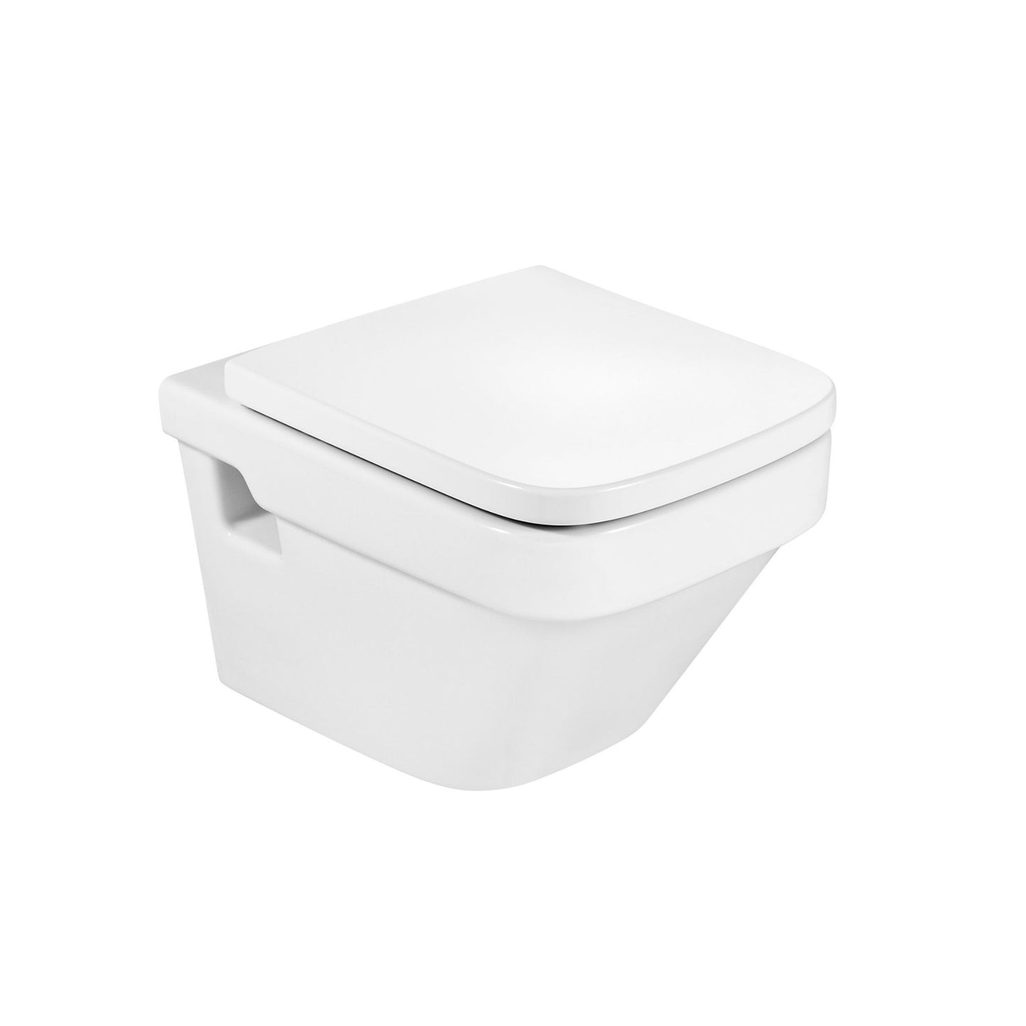 Sanita suspensa Roca Dama em cerâmica branca com assento de design retangular arredondado.