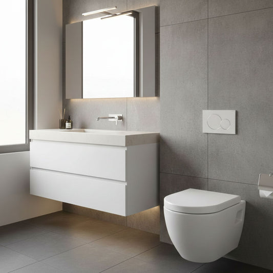 Casa de banho moderna com sanita suspensa Sanidusa Sanibold branca instalada em parede cinza mate.