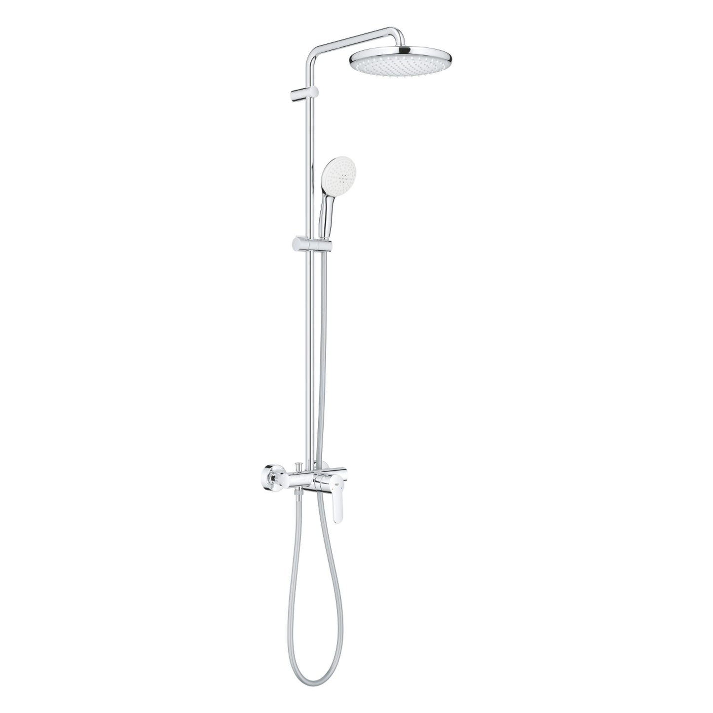Sistema de coluna de duche Grohe Tempesta 250 cromada com chuveiro de teto redondo e chuveiro de mão.
