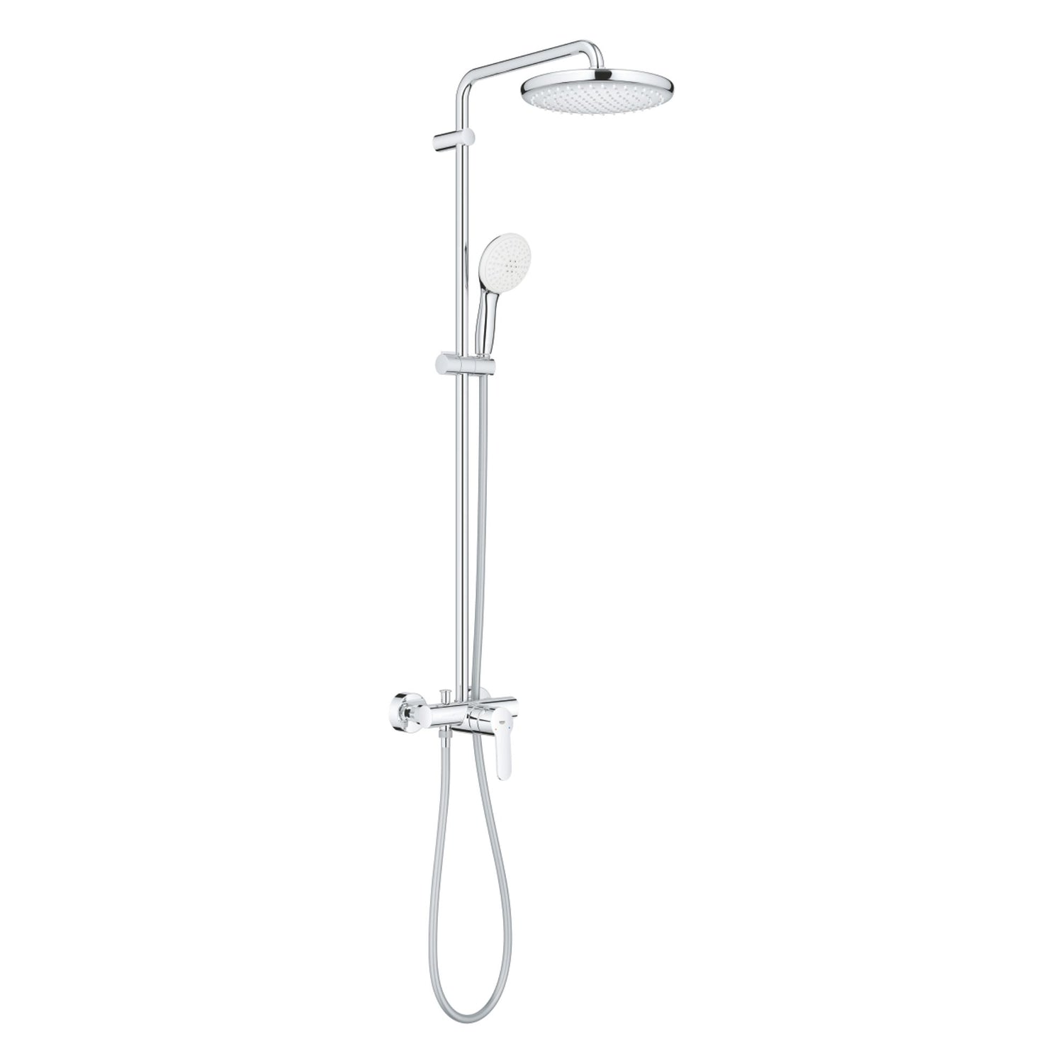 Sistema de coluna de duche Grohe Tempesta 250 cromada com chuveiro de teto redondo e chuveiro de mão.