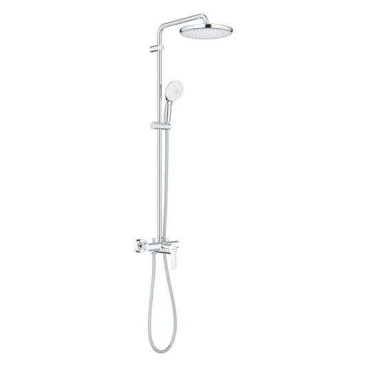 Sistema de coluna de duche Grohe Tempesta 250 cromada com chuveiro de teto redondo e chuveiro de mão.