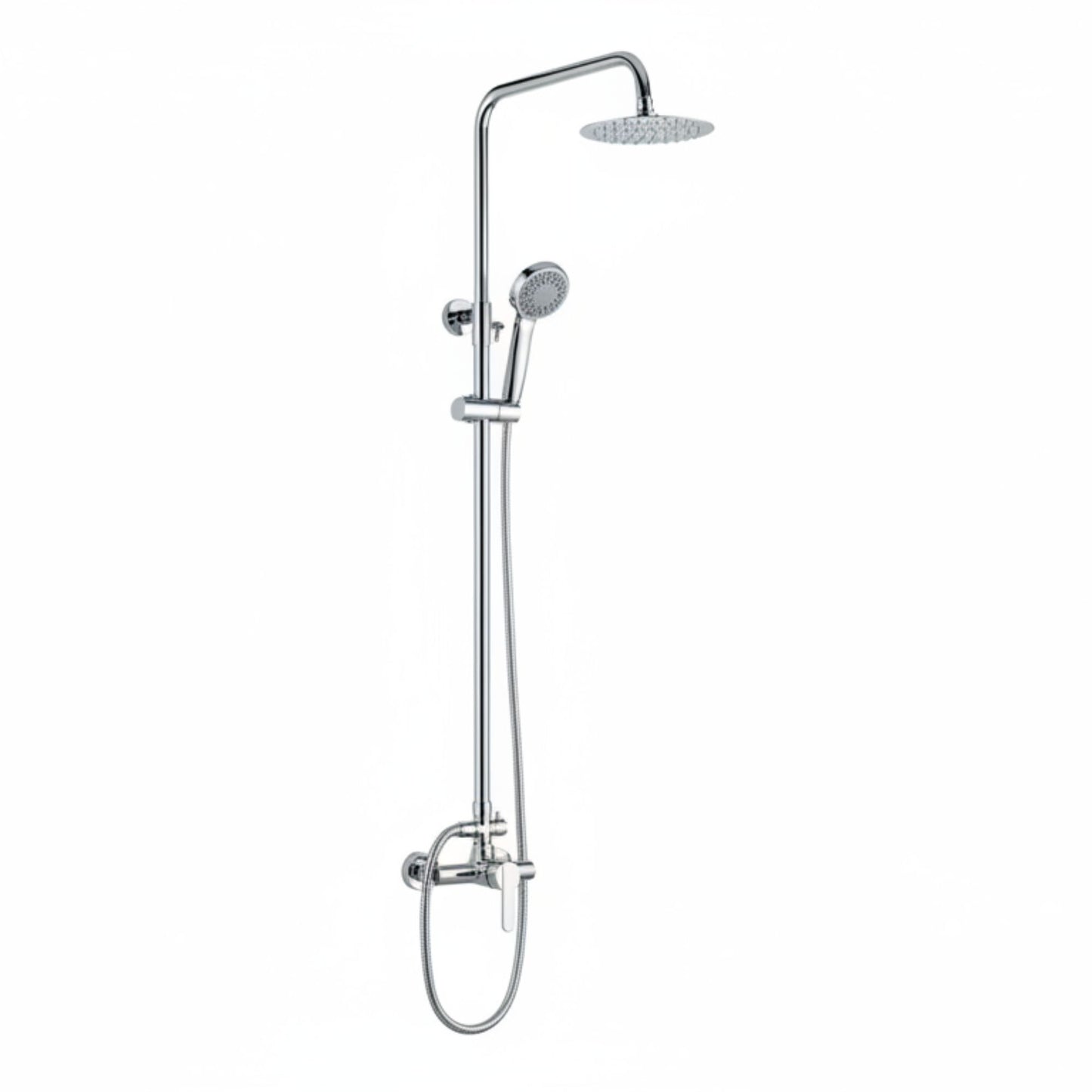 Sistema de coluna de duche Roma Imex com chuveiro fixo e teleduche em fundo branco.