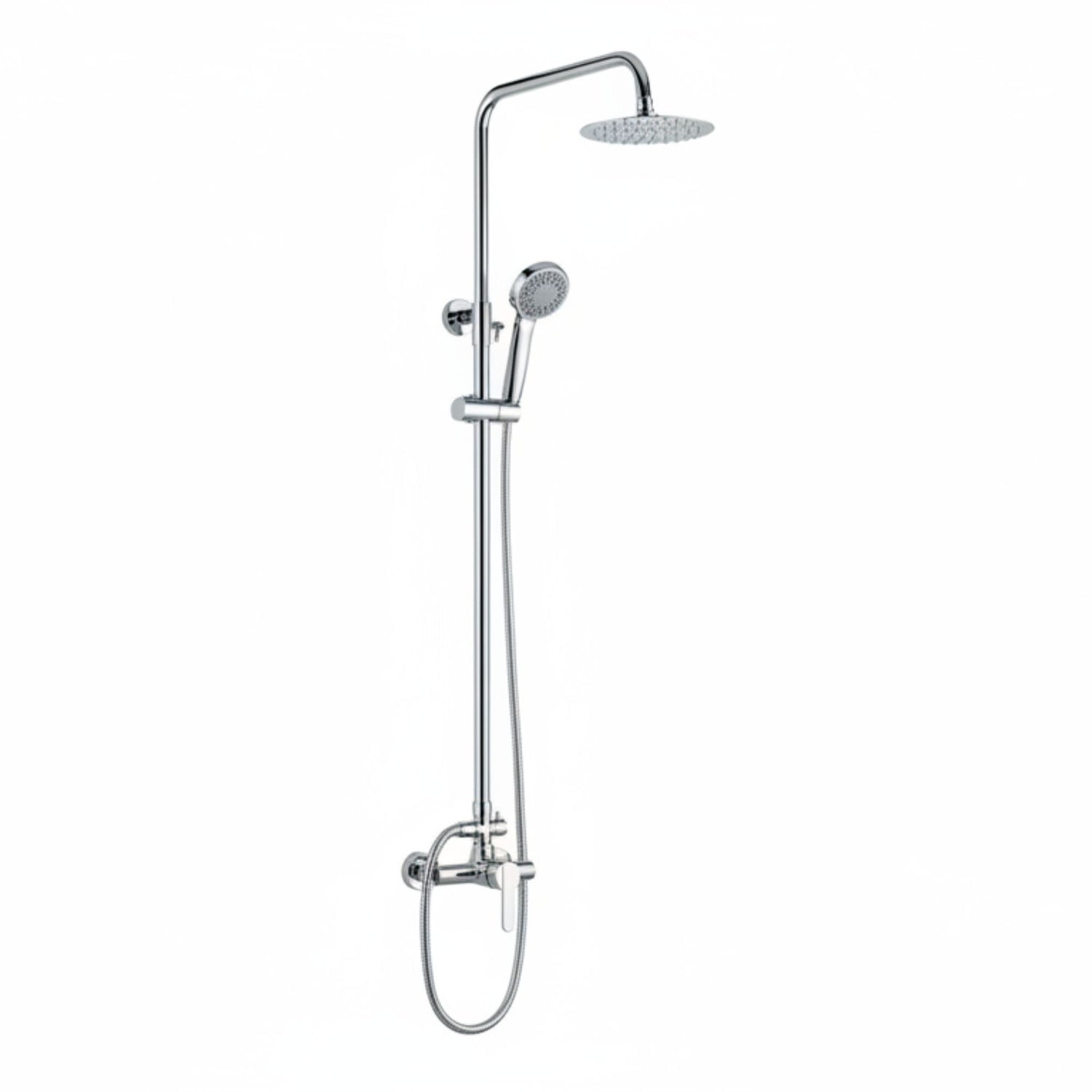 Sistema de coluna de duche Roma Imex com chuveiro fixo e teleduche em fundo branco.