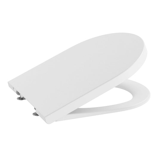 Tampo de sanita Roca Inspira Round em branco mate com sistema de queda amortecida, visto em ângulo.