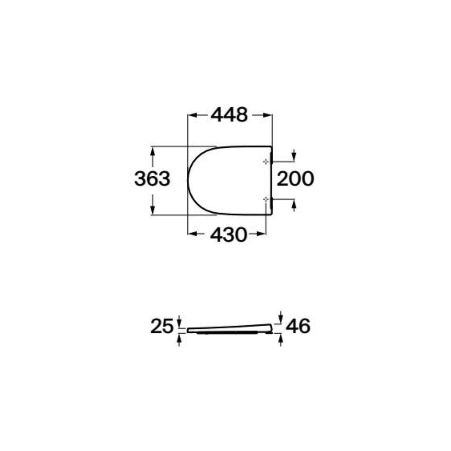 Desenho técnico com medidas do tampo de sanita Roca Ona branco com queda amortecida.